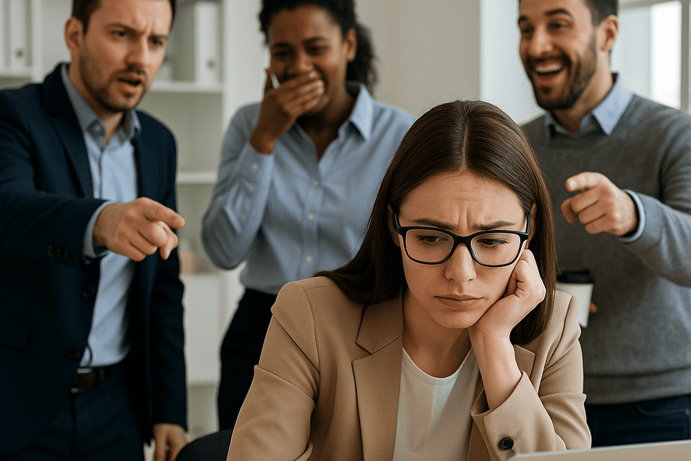 acoso laboral en oficina trabajadora triste computadora
