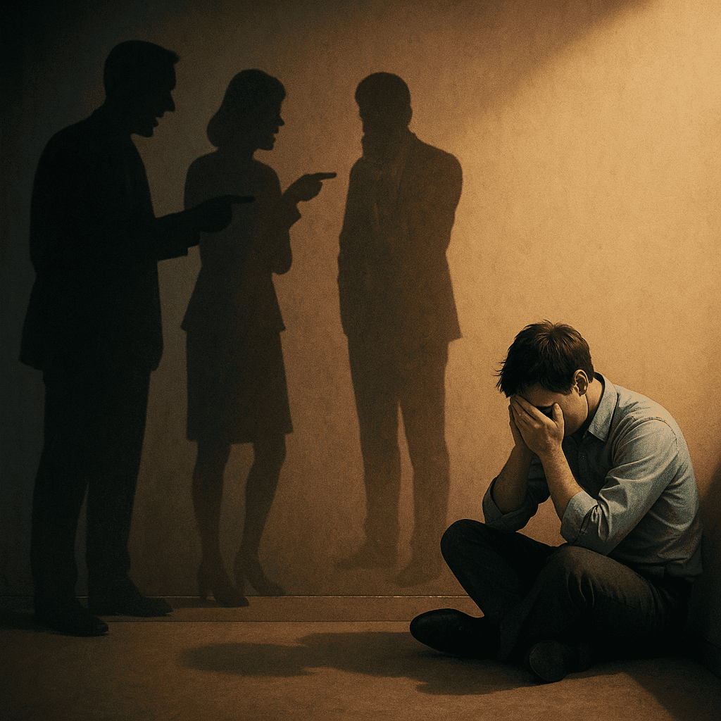 estres laboral hombre sentado sombra discusion oficina